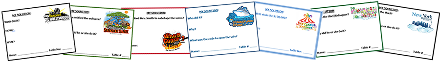 Accusation Cards from various Mystery Dinner Theater Scripts