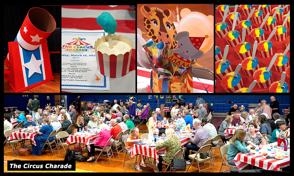 Audience and decorations for The Circus Charade including cupcakes and cannon.