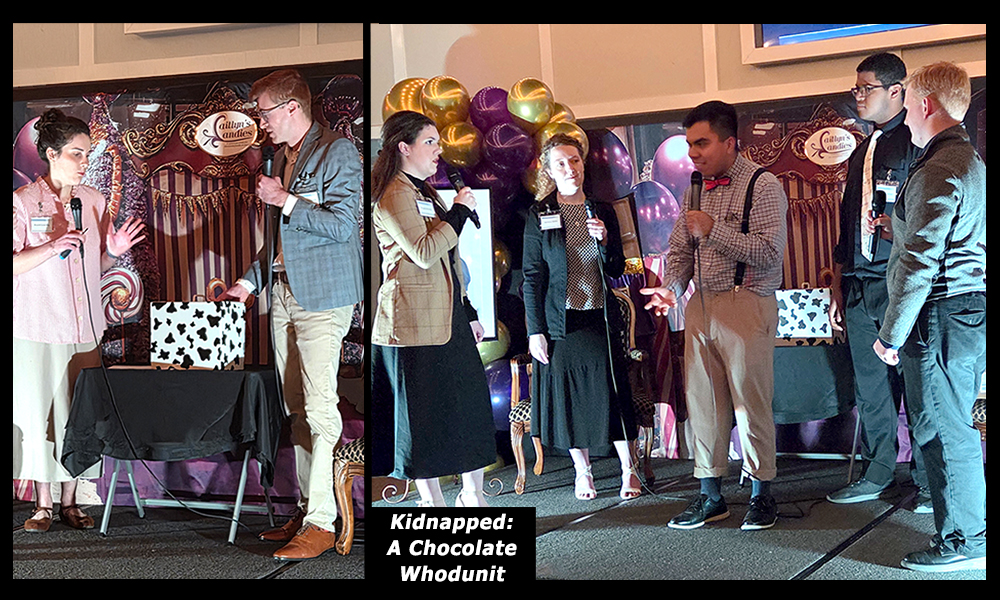 Cast acting around mysterious box decorated with cow theme.